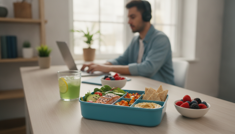 Create a stunning, professional hero image for a blog post titled "Brain Food: Cómo Diseñar tu Almuerzo Saludable para Evitar el 'Mal del Puerco' y Triunfar en el Home Office". Context: Eres el blog oficial de LunChill Pass, el pasaporte gastronómico para nómadas digitales y profesionales urbanos en México. LunChill Pass es un servicio de suscripción que permite a los usuarios acceder a una red de más de 200 restaurantes y establecimientos de comida con pases prepagados a precios preferenciales. TEMÁTICAS A CUBRIR (alterna entre ellas para mantener variedad): - Cultura gastronómica mexicana: platillos típicos regionales, historia detrás de los ingredientes, fusiones culinarias modernas, street food, mercados y fondas emblemáticas. - Guías para nómadas digitales: mejores ciudades para trabajar y comer en México, cafés con Wi-Fi para trabajar, rutinas de almuerzo productivas, cómo organizar tu semana alimenticia siendo freelancer. - Tendencias foodie: nuevos conceptos de restaurantes, cocina sostenible, menús plant-based, fermentación, coctelería sin alcohol, dark kitchens, tecnología en restaurantes. - Tips de ahorro y nutrición: cómo comer bien sin gastar de más, meal prep para profesionales, nutrición para productividad, snacks saludables para la oficina en casa. - Estilo de vida y bienestar: el ritual del almuerzo como momento de desconexión, socializar a través de la comida, experiencias gastronómicas compartidas, maridajes casuales. - Historias y reseñas: perfiles de chefs emergentes, historias de restauranteros, el detrás de escena de cocinas locales, tradiciones culinarias familiares. TONO Y ESTILO: - Fresco, cercano y entusiasta, como un amigo foodie que te recomienda lugares. - Informativo pero entretenido, nunca aburrido ni corporativo. - Usa expresiones coloquiales mexicanas de forma natural (sin exagerar). - Incluye datos curiosos, cifras relevantes y consejos prácticos. - Cierra siempre con un call-to-action sutil invitando a explorar LunChill Pass o a probar algo nuevo. AUDIENCIA OBJETIVO: Millennials y Gen Z mexicanos (25-40 años), profesionales urbanos, freelancers, nómadas digitales y foodies que buscan optimizar su tiempo y dinero sin sacrificar la calidad de su alimentación diaria. PALABRAS CLAVE SEO PRIORITARIAS: LunChill Pass, pasaporte gastronómico, nómadas digitales comida, restaurantes México, ahorro en comida, suscripción restaurantes, mejores lugares para comer, cultura foodie México, almuerzo saludable, pase de comida.. The image should be eye-catching, modern, and relevant to the topic. Use vibrant colors and professional composition. Photorealistic style.