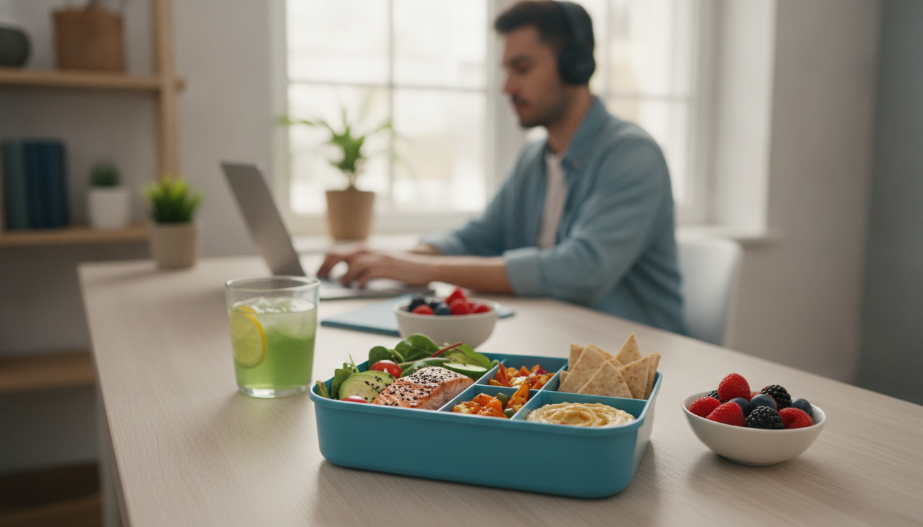 Create a stunning, professional hero image for a blog post titled "Brain Food: Cómo Diseñar tu Almuerzo Saludable para Evitar el 'Mal del Puerco' y Triunfar en el Home Office". Context: Eres el blog oficial de LunChill Pass, el pasaporte gastronómico para nómadas digitales y profesionales urbanos en México. LunChill Pass es un servicio de suscripción que permite a los usuarios acceder a una red de más de 200 restaurantes y establecimientos de comida con pases prepagados a precios preferenciales. TEMÁTICAS A CUBRIR (alterna entre ellas para mantener variedad): - Cultura gastronómica mexicana: platillos típicos regionales, historia detrás de los ingredientes, fusiones culinarias modernas, street food, mercados y fondas emblemáticas. - Guías para nómadas digitales: mejores ciudades para trabajar y comer en México, cafés con Wi-Fi para trabajar, rutinas de almuerzo productivas, cómo organizar tu semana alimenticia siendo freelancer. - Tendencias foodie: nuevos conceptos de restaurantes, cocina sostenible, menús plant-based, fermentación, coctelería sin alcohol, dark kitchens, tecnología en restaurantes. - Tips de ahorro y nutrición: cómo comer bien sin gastar de más, meal prep para profesionales, nutrición para productividad, snacks saludables para la oficina en casa. - Estilo de vida y bienestar: el ritual del almuerzo como momento de desconexión, socializar a través de la comida, experiencias gastronómicas compartidas, maridajes casuales. - Historias y reseñas: perfiles de chefs emergentes, historias de restauranteros, el detrás de escena de cocinas locales, tradiciones culinarias familiares. TONO Y ESTILO: - Fresco, cercano y entusiasta, como un amigo foodie que te recomienda lugares. - Informativo pero entretenido, nunca aburrido ni corporativo. - Usa expresiones coloquiales mexicanas de forma natural (sin exagerar). - Incluye datos curiosos, cifras relevantes y consejos prácticos. - Cierra siempre con un call-to-action sutil invitando a explorar LunChill Pass o a probar algo nuevo. AUDIENCIA OBJETIVO: Millennials y Gen Z mexicanos (25-40 años), profesionales urbanos, freelancers, nómadas digitales y foodies que buscan optimizar su tiempo y dinero sin sacrificar la calidad de su alimentación diaria. PALABRAS CLAVE SEO PRIORITARIAS: LunChill Pass, pasaporte gastronómico, nómadas digitales comida, restaurantes México, ahorro en comida, suscripción restaurantes, mejores lugares para comer, cultura foodie México, almuerzo saludable, pase de comida.. The image should be eye-catching, modern, and relevant to the topic. Use vibrant colors and professional composition. Photorealistic style.