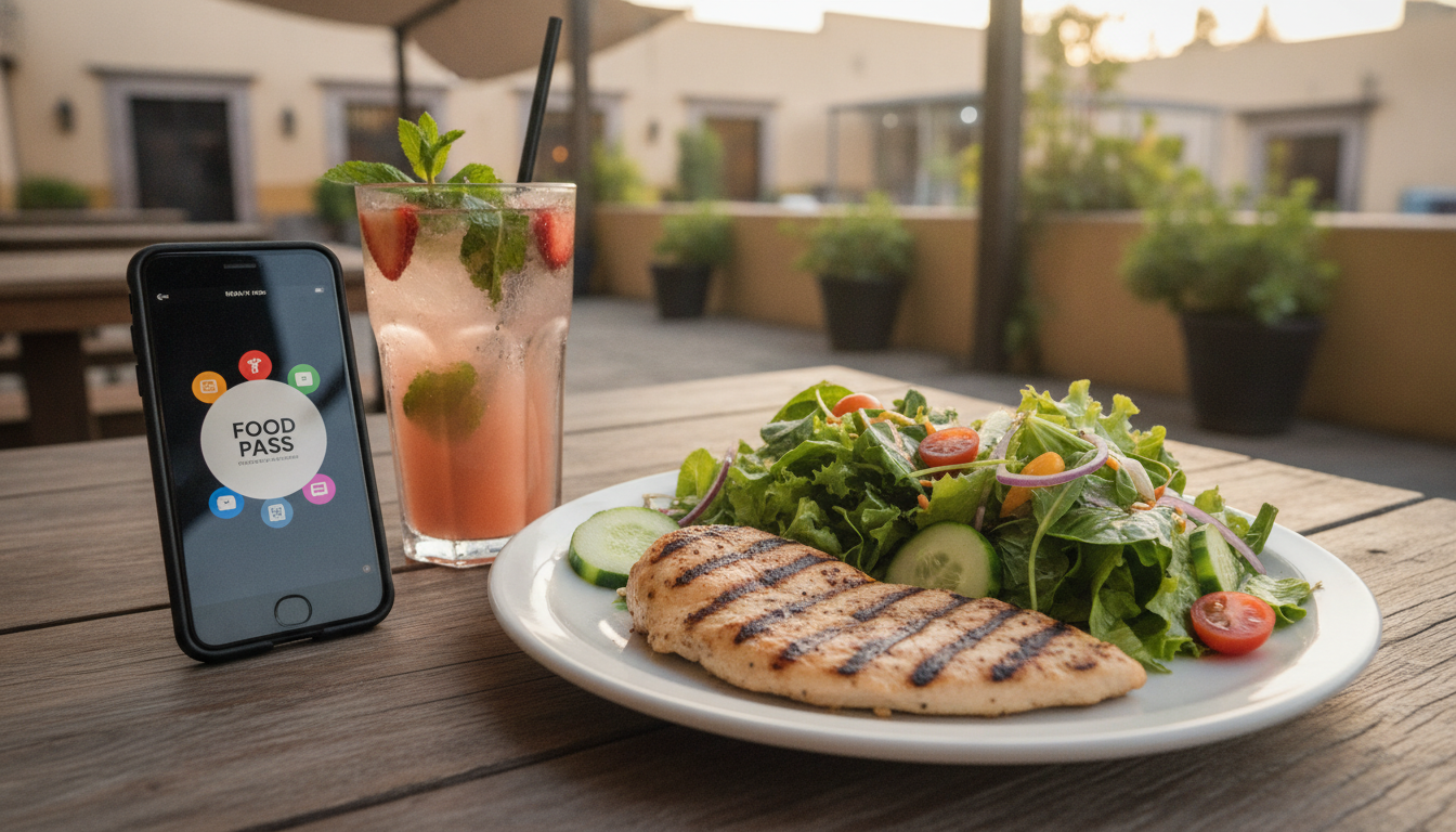 Close-up of a fresh and colorful healthy lunch on a rustic table in an outdoor terrace restaurant in Guadalajara, featuring grilled chicken breast, fresh green salad, and a refreshing artisanal water, with a smartphone displaying a digital food pass app nearby, natural lighting, depth of field
