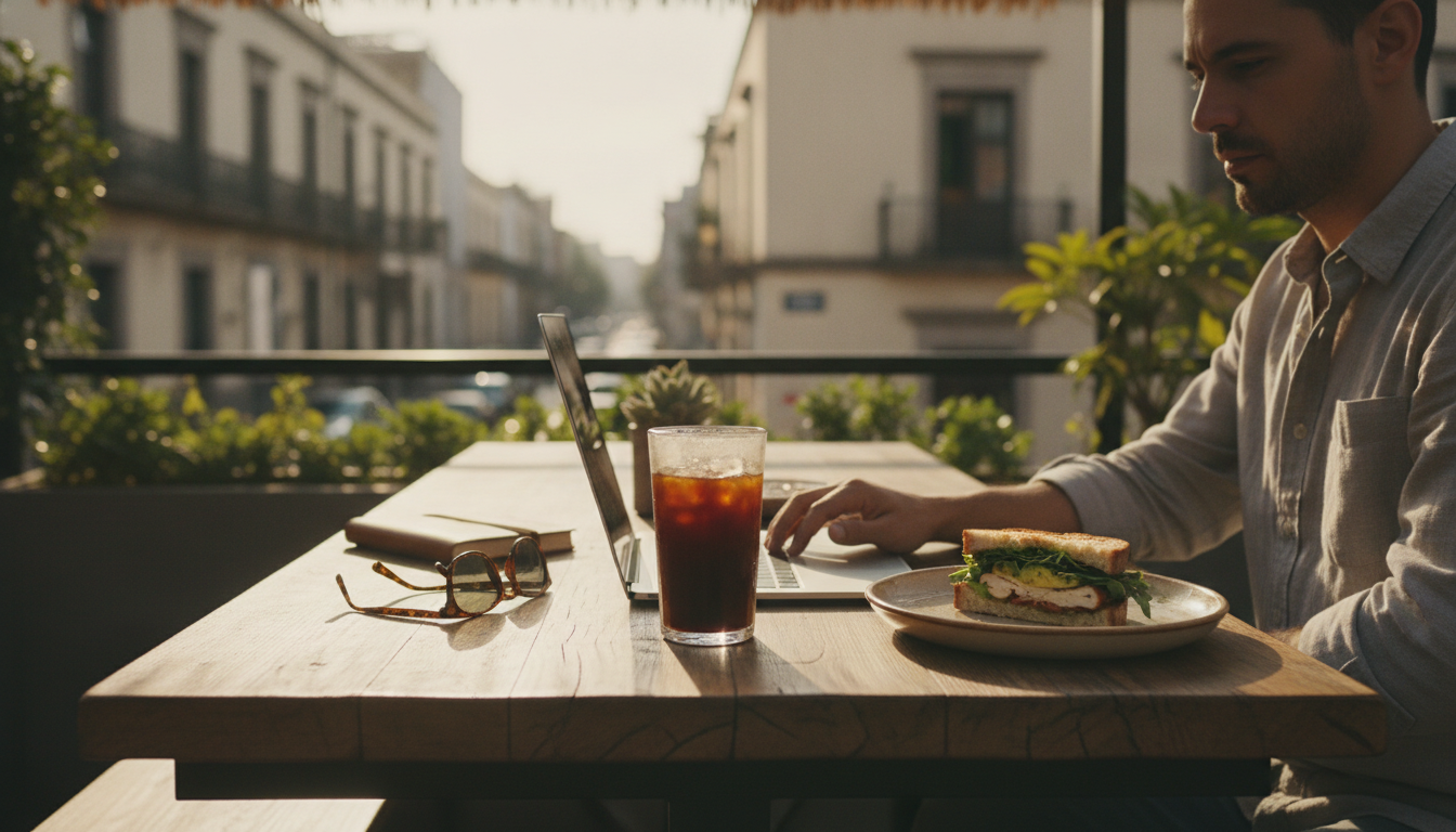 A digital nomad working on a laptop at a wooden table in a stylish open-air restaurant terrace in Mexico City, with a half-eaten gourmet sandwich on a plate next to the computer and a glass of cold brew coffee. Casual, modern workspace vibe, warm sunlight.