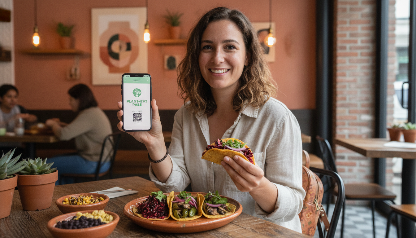 A young professional or digital nomad smiling while enjoying a delicious vegan taco plate made with hibiscus flower and mushrooms, holding a smartphone showing a digital food pass app, inside a trendy Mexican restaurant with warm lighting and contemporary decor