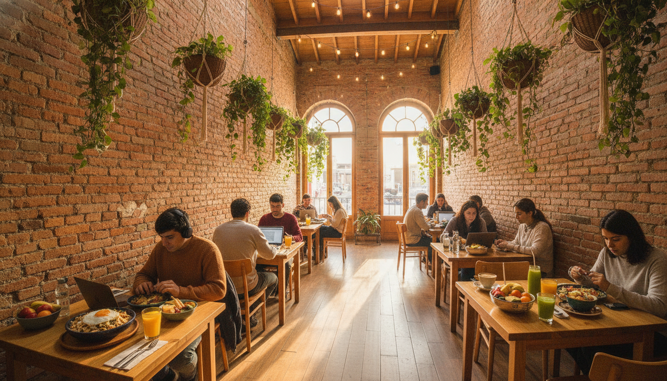 A trendy cafe in Barrio Antiguo, Monterrey. Exposed brick walls, lush green plants hanging from the ceiling, wooden tables with remote workers on laptops, and plates of delicious Mexican brunch like chilaquiles and fresh juice. Vibrant and welcoming vibe, cinematic lighting.