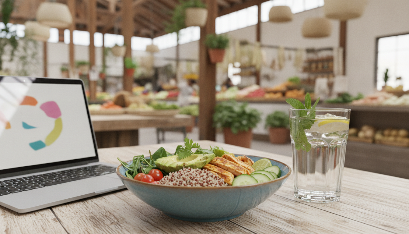 Close-up of a healthy, colorful lunch bowl with avocado, quinoa, fresh greens, and grilled chicken, sitting on a wooden table next to a sleek laptop and a glass of refreshing mint water, inside a trendy Mexican market hall.