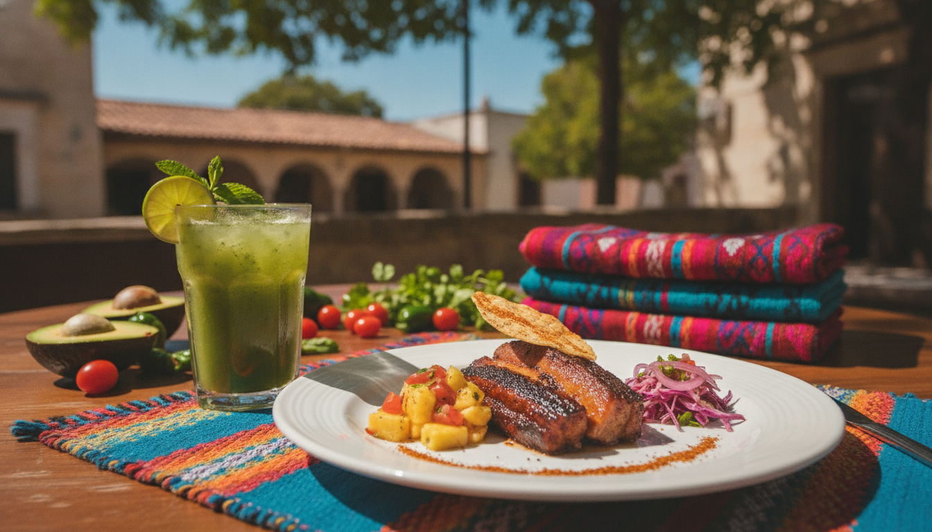 A vibrant outdoor lunch table in Mérida with a plate of modern Yucatecan fusion food, fresh ingredients, chaya juice in a glass, colorful Mexican textiles in the background, sunny day, depth of field.