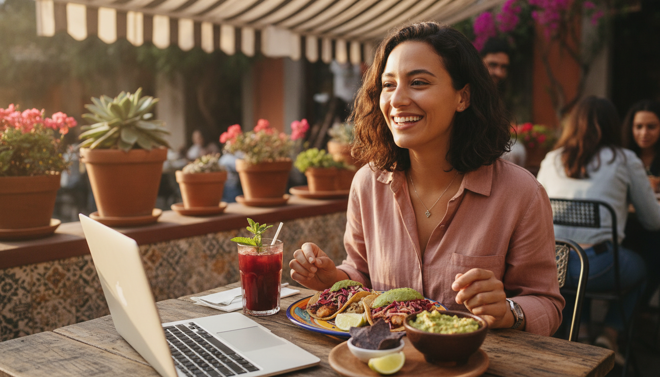 A young professional digital nomad enjoying a vibrant, healthy Mexican-style lunch at an outdoor trendy cafe terrace in Mexico City, smiling, relaxed atmosphere, cinematic lighting