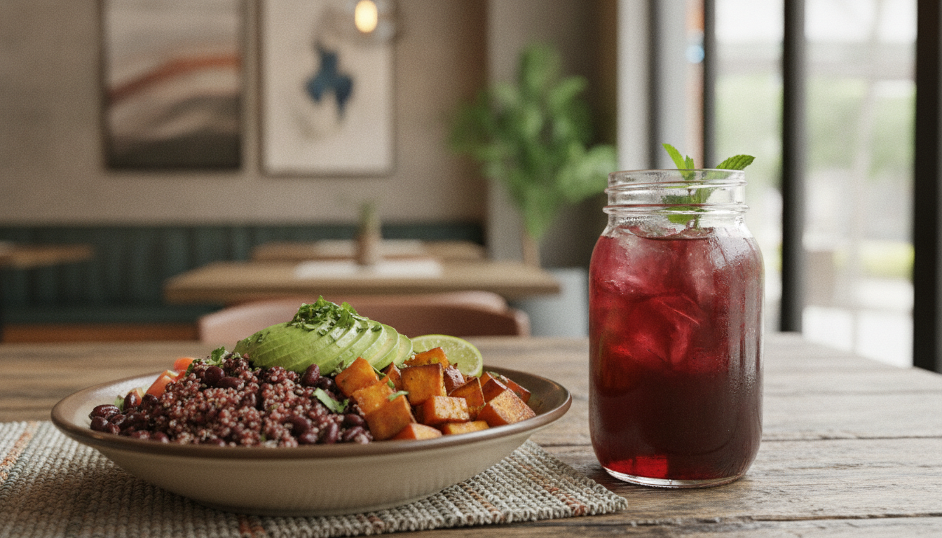 Close-up shot of a modern Mexican lunch menu set on a rustic wooden table: a vibrant salad bowl with quinoa, black beans, roasted sweet potatoes, and avocado slices next to a fresh hibiscus water (agua de jamaica) in a glass jar, stylish restaurant interior blurred in the background.