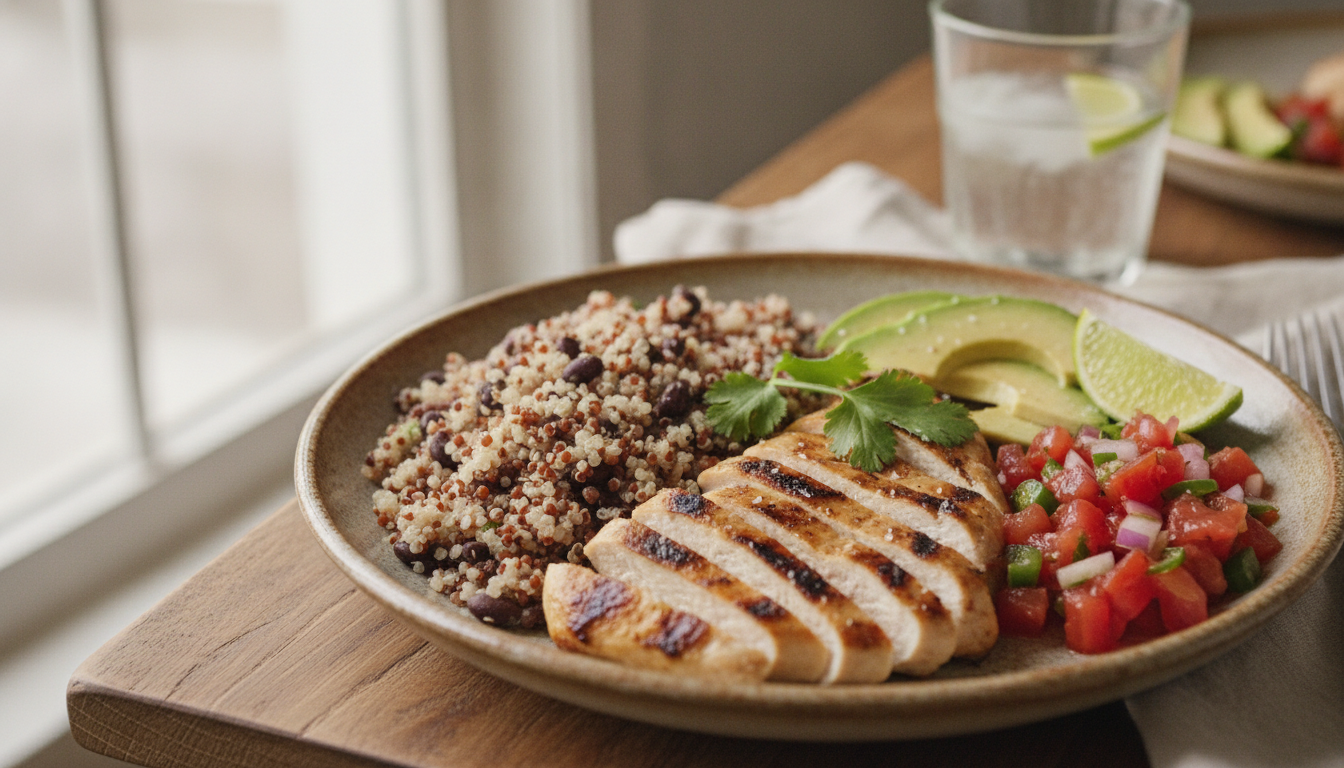 Close-up of a vibrant and healthy Mexican lunch dish, featuring grilled chicken, quinoa, black beans, avocado slices, and fresh salsa, beautifully plated on a rustic ceramic plate, soft natural side light, food styling.