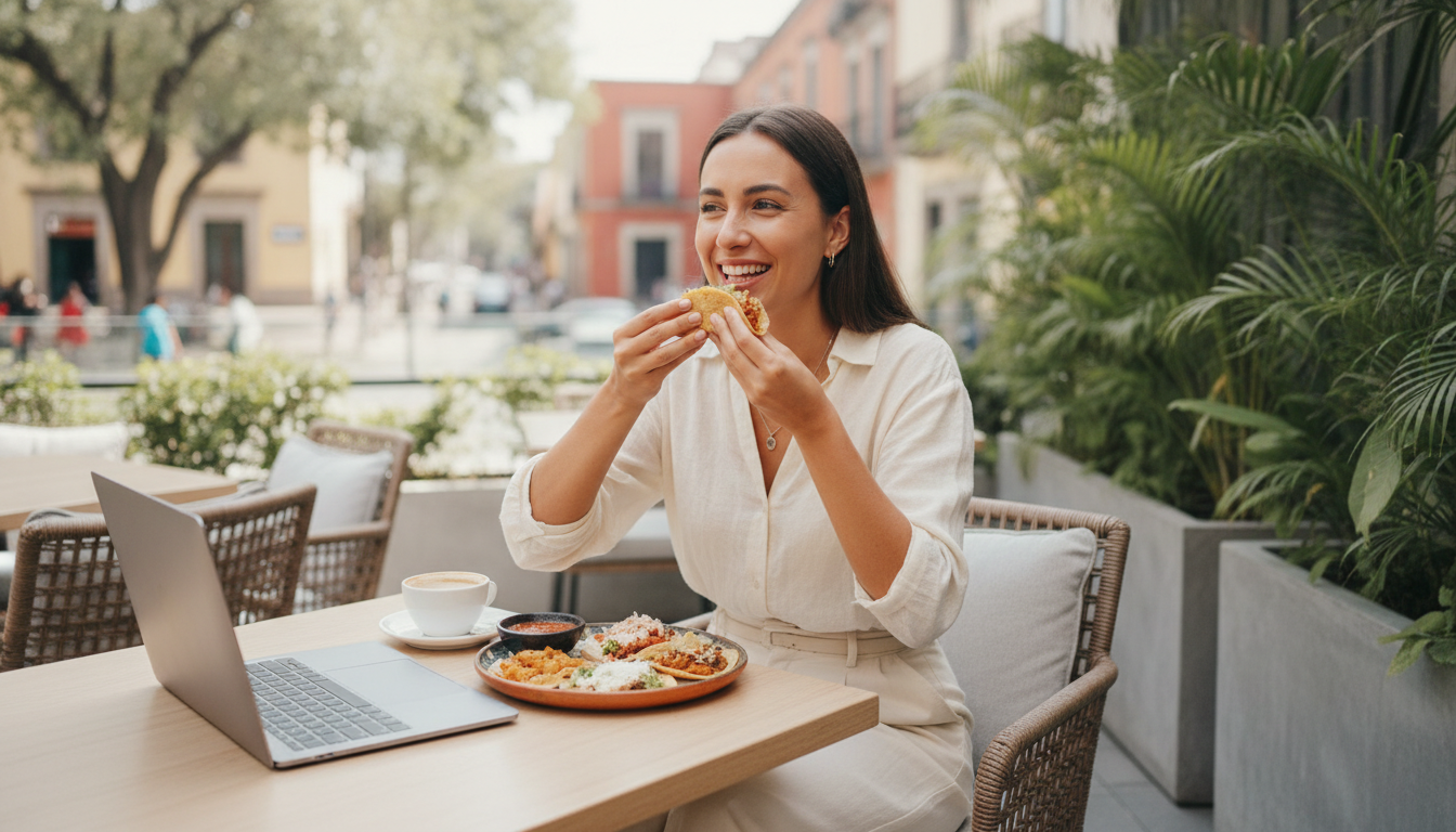 A young professional or digital nomad sitting at a modern outdoor terrace in Mexico City, smiling and enjoying a plate of tacos de guisado while having a laptop open nearby, bright daytime, casual and trendy atmosphere.