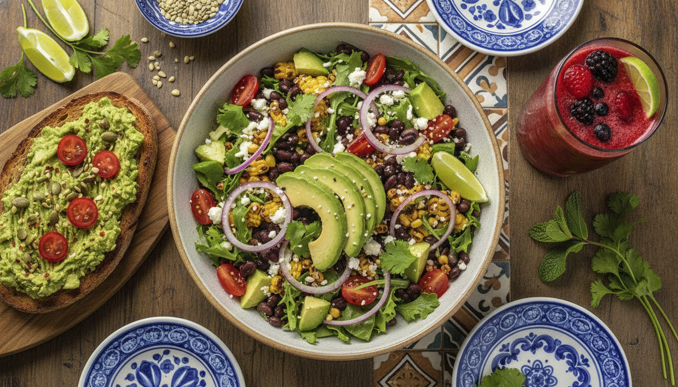 A vibrant collage of healthy and delicious Mexican restaurant dishes, including a colorful salad, an avocado toast, and a fresh juice, shot from a top-down angle with professional food styling.