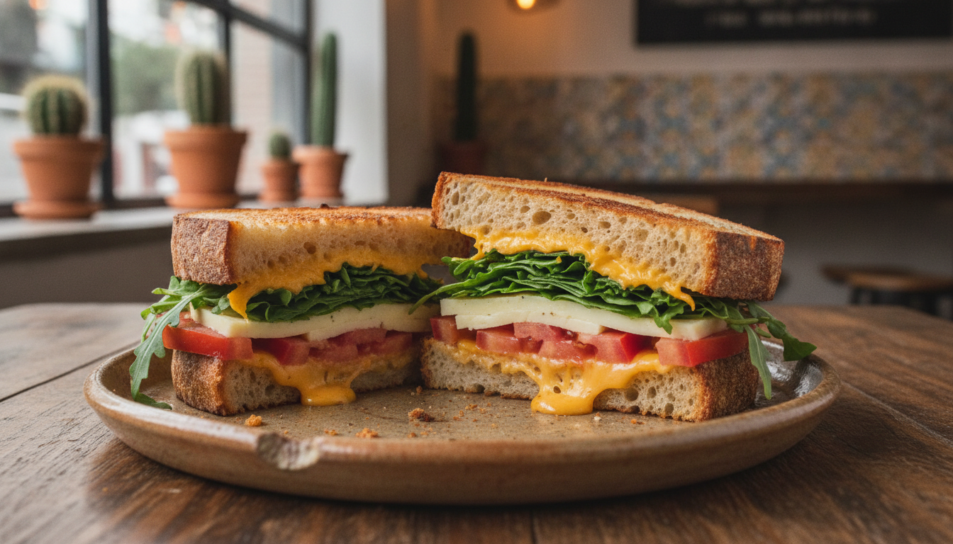 Close-up of a gourmet artisan sandwich on sourdough bread, with melted organic cheese, heirloom tomatoes, and fresh arugula, served on a rustic ceramic plate in a trendy Mexican cafe. Shallow depth of field, vibrant colors, appetizing food styling.