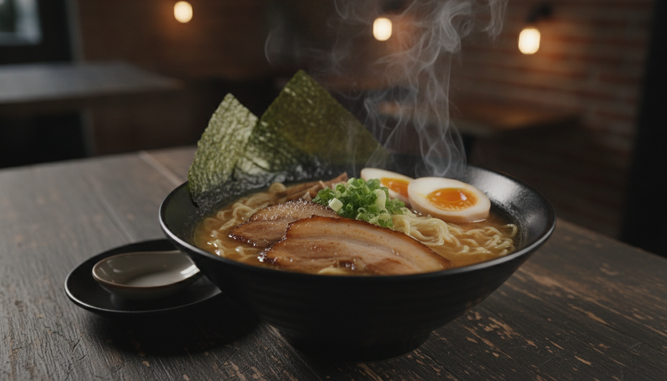 A steaming bowl of authentic Japanese ramen with pork belly, a soft-boiled egg, green onions, and nori, served on a dark rustic wooden table in a cozy modern restaurant, moody lighting, close-up shot