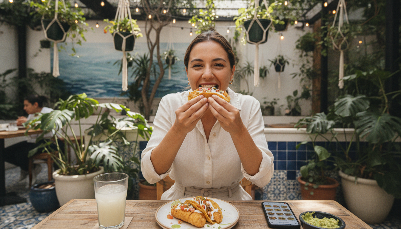 A young professional digital nomad smiling while eating crispy fish tacos style Ensenada at a trendy, plants-filled outdoor coastal-themed restaurant in Mexico City, a smartphone with a food app open on the table