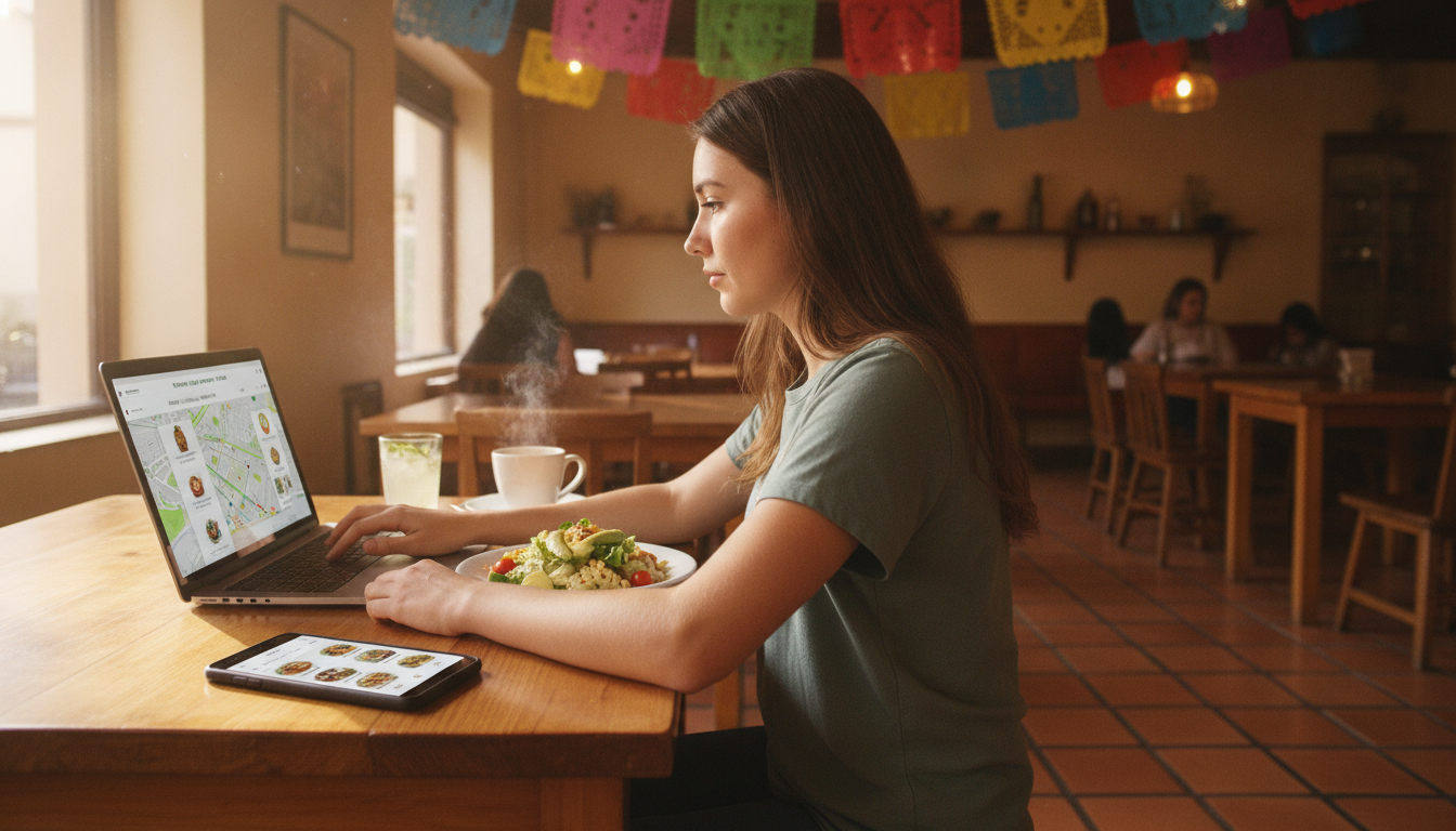A digital nomad working in a cozy coffee shop in Jalatlaco, Oaxaca. Colorful papel picado hanging from the ceiling, terracotta tiled floors, a plate of light fresh food next to a smartphone showing a food pass app.