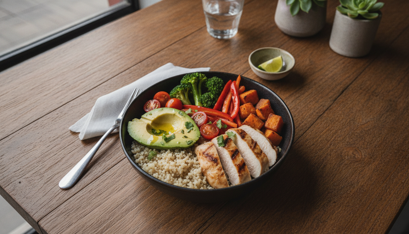 An aerial food shot of a healthy lunch bowl with quinoa, fresh vegetables, grilled chicken, and avocado, on a rustic wooden table in a trendy Guadalajara restaurant, vibrant colors, professional food photography