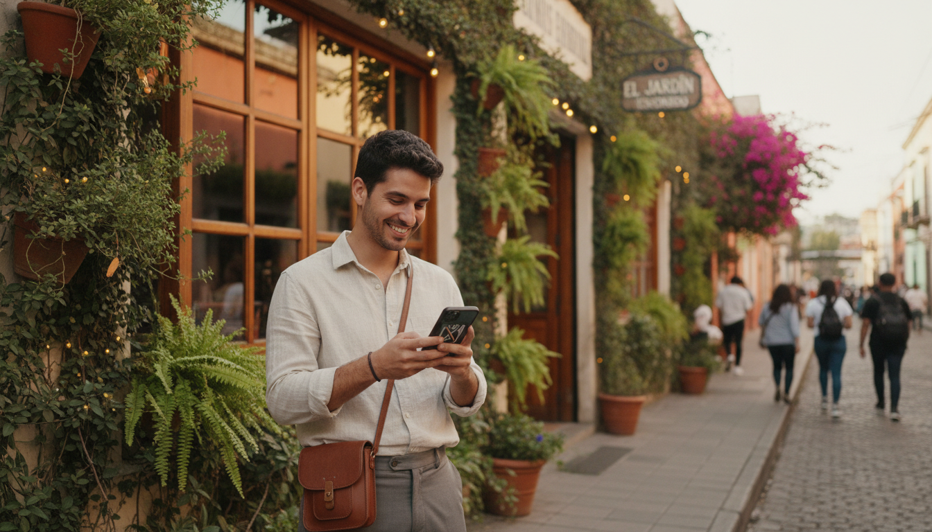 A millennial professional smiling while looking at their phone, standing outside a trendy, leafy neighborhood restaurant in Mexico, holding a digital gastronomic pass on screen, aesthetic urban background, daytime, lifestyle photography