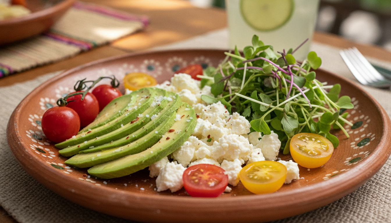 A modern Mexican lunch dish featuring fresh local ingredients: sliced avocado, local quesillo cheese, cherry tomatoes, and microgreens on an artisanal clay plate, food photography style.