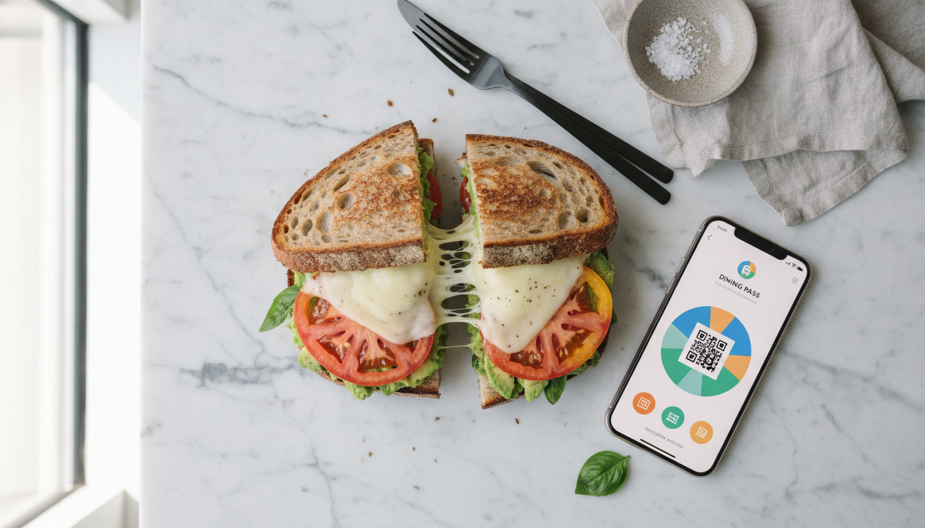 A flat lay photo of a delicious artisanal sandwich cut in half, showing rich green avocado slices, heirloom tomato, and melted cheese, next to a smartphone displaying a digital dining pass app on a minimalist marble tabletop.