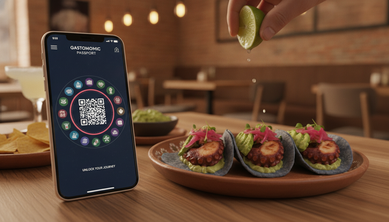 An interactive smartphone screen displaying a digital gastronomic passport app with a QR code, next to a delicious plate of modern Mexican tacos on a wooden restaurant table, cozy and inviting atmosphere, lifestyle shot.
