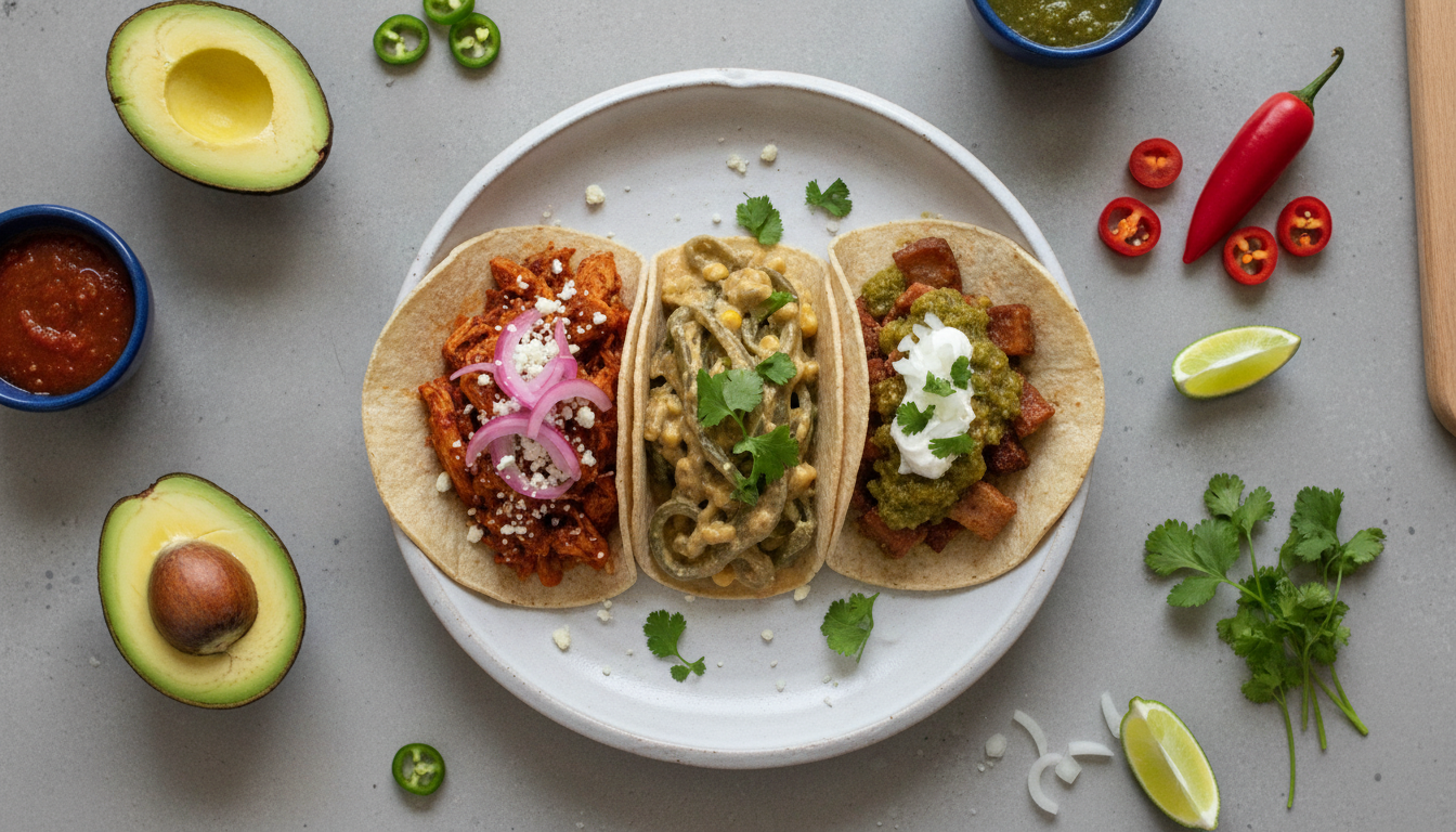 An overhead shot of three different tacos de guisado (tinga, rajas con crema, chicharron verde) beautifully arranged on a contemporary ceramic plate, with fresh ingredients like chiles and avocados scattered around, clean minimalist background.