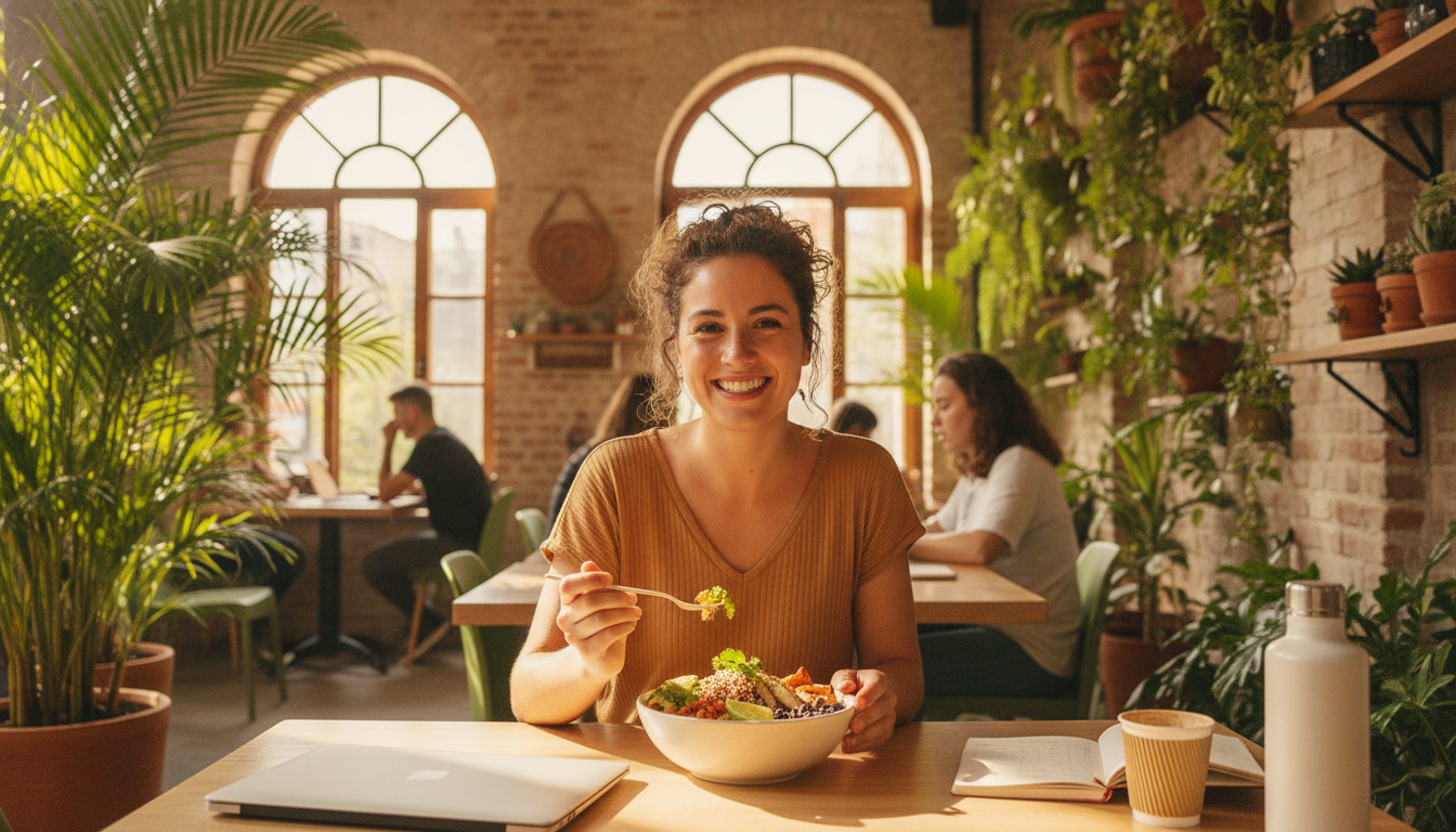 A young professional digital nomad smiling while enjoying a healthy grain bowl in a bright, plant-filled coworking cafe in Mexico, warm and welcoming atmosphere, lifestyle photography