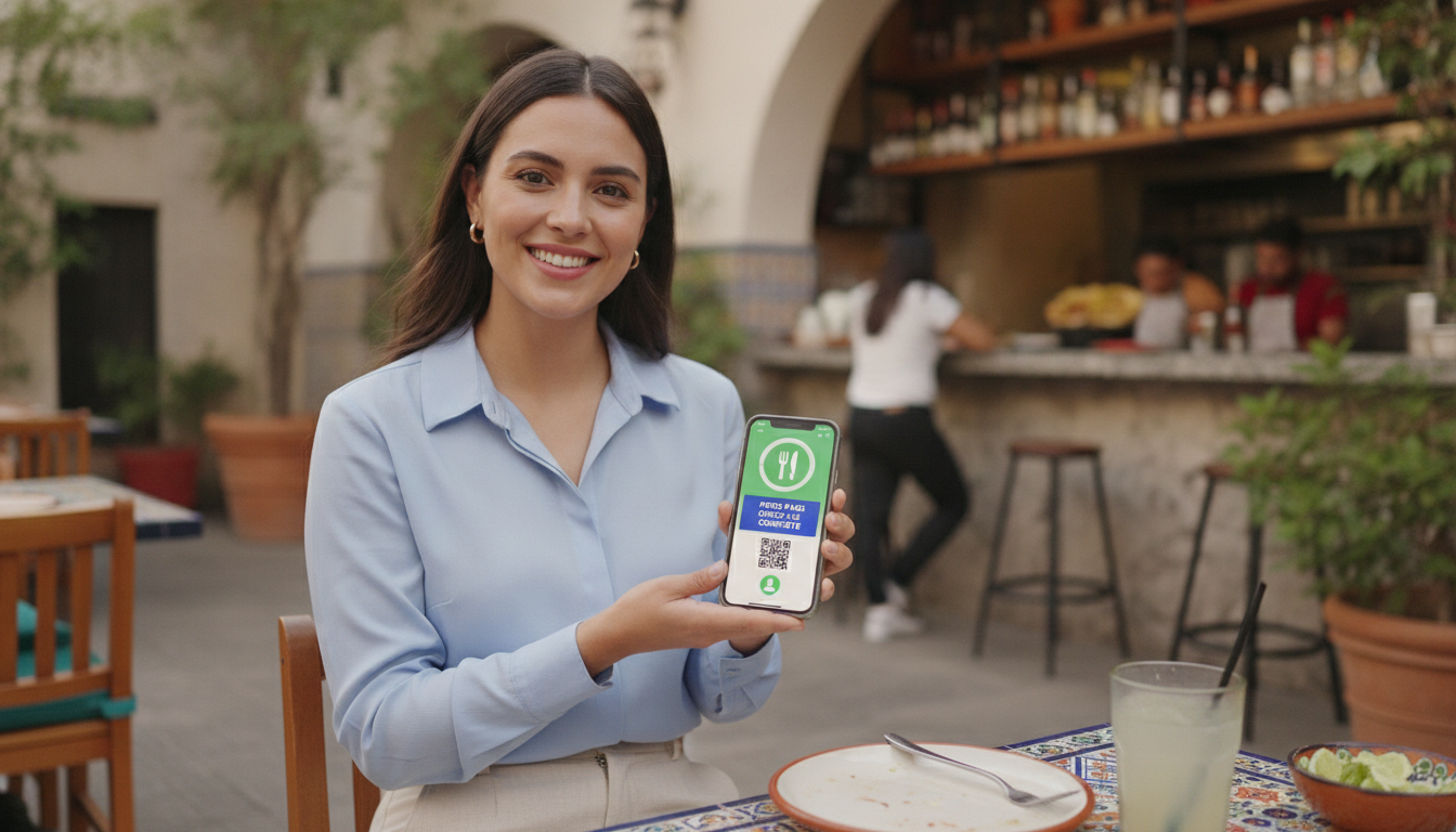 A young professional smiling while using a smartphone app to check in at a stylish Mexican bistro terrace, with a visible graphic on the phone suggesting a digital food pass, natural lighting, lifestyle photography