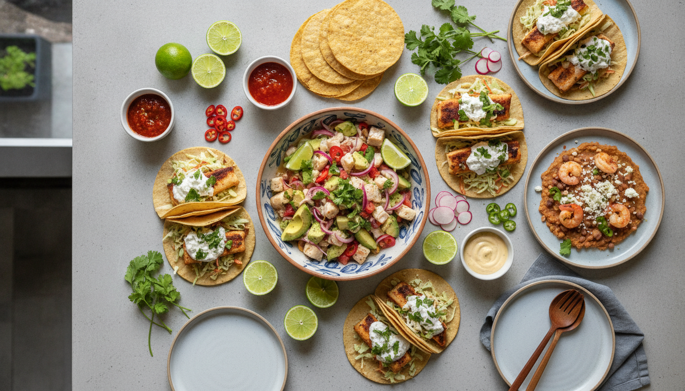 An overhead flat lay of a colorful seafood table: fresh ceviche, fish tacos, lime wedges, and tostadas, with a modern, clean aesthetic, highlighting healthy urban eating