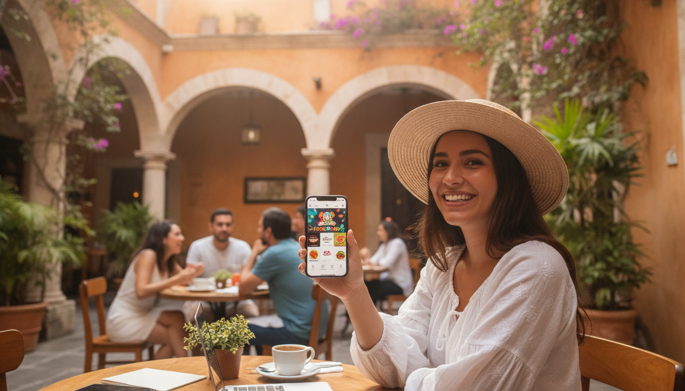 A digital nomad, a young Mexican woman, smiling while holding a smartphone with a food pass app on the screen, sitting in a beautiful colonial restaurant courtyard in Mérida, friendly and warm atmosphere.