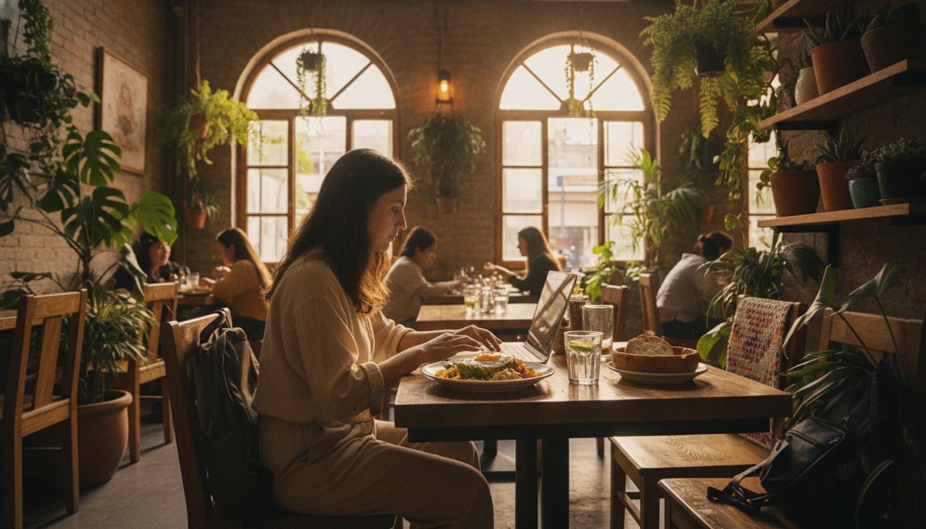 An urban nomad working on a laptop in a cozy, plant-filled cafe-restaurant in Mexico, with a delicious lunch plate and a glass of water on the wooden table. Warm natural lighting, productive yet relaxed atmosphere.