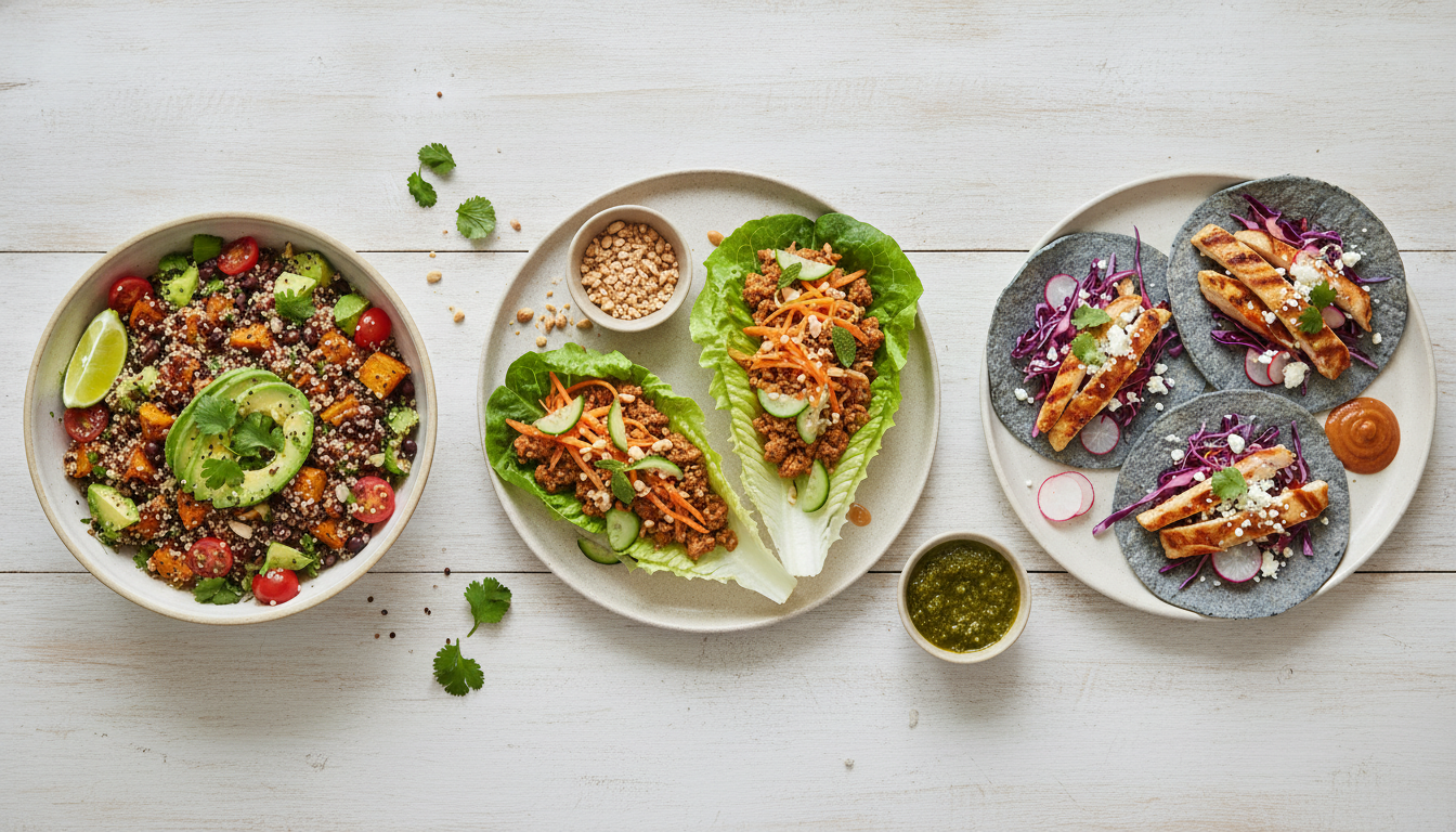 An overhead shot of a clean, minimalist wooden table showcasing three different healthy lunch options: a quinoa bowl, lettuce wraps, and chicken tacos with blue corn tortillas, fresh ingredients visible