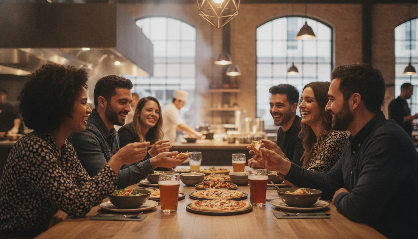 A group of diverse, smiling young creative professionals chatting and sharing food at a long table in a stylish contemporary food hall, with soft background blur showing active food preparation stations.