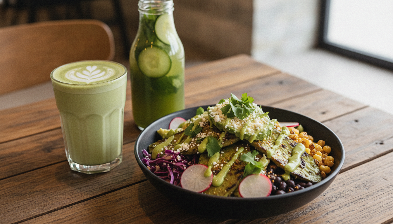 Close-up of a healthy, colorful Mexican lunch dish featuring modern plant-based street food, with a fresh glass of matcha latte or green juice nearby, wooden table texture, shallow depth of field, high-end lifestyle photography