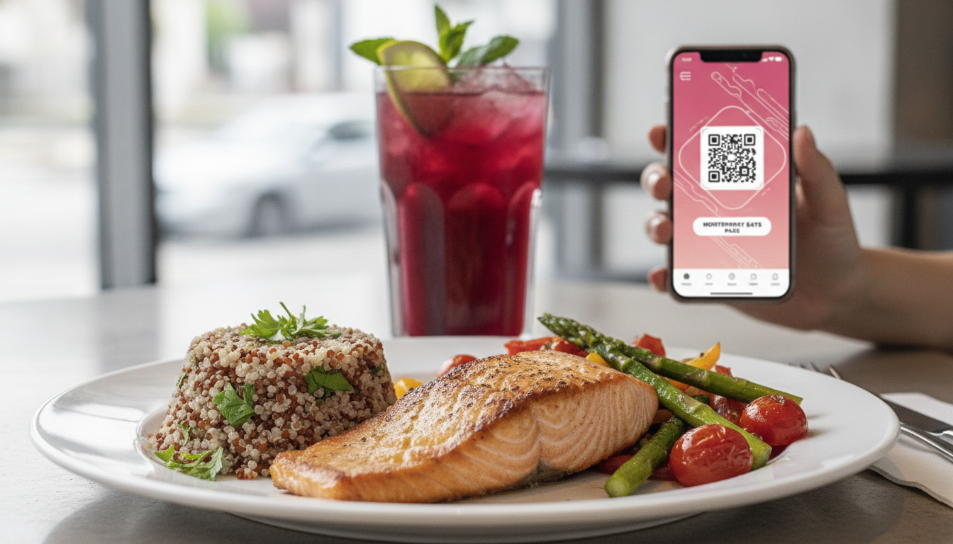 A close-up of a high-quality, healthy lunch meal in a modern Monterrey restaurant. A plate with grilled salmon, quinoa, roasted vegetables, and a refreshing hibiscus iced tea. In the background, a subtle, blurred smartphone displaying a digital restaurant pass app.
