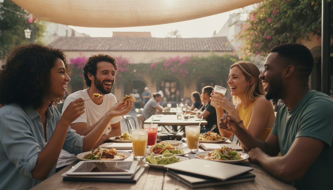 A group of diverse young digital nomads laughing and chatting during a lunch break at an open-air cafe in Guadalajara, positive energy, lifestyle photography, authentic moments.
