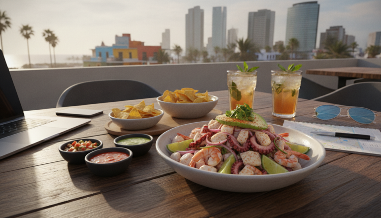 Create a stunning, professional hero image for a blog post titled "De la Costa a la Oficina: El Almuerzo de Mariscos como el Secreto de Frescura y Energía para Nómadas Digitales". Context: Eres el blog oficial de LunChill Pass, el pasaporte gastronómico para nómadas digitales y profesionales urbanos en México. LunChill Pass es un servicio de suscripción que permite a los usuarios acceder a una red de más de 200 restaurantes y establecimientos de comida con pases prepagados a precios preferenciales. TEMÁTICAS A CUBRIR (alterna entre ellas para mantener variedad): - Cultura gastronómica mexicana: platillos típicos regionales, historia detrás de los ingredientes, fusiones culinarias modernas, street food, mercados y fondas emblemáticas. - Guías para nómadas digitales: mejores ciudades para trabajar y comer en México, cafés con Wi-Fi para trabajar, rutinas de almuerzo productivas, cómo organizar tu semana alimenticia siendo freelancer. - Tendencias foodie: nuevos conceptos de restaurantes, cocina sostenible, menús plant-based, fermentación, coctelería sin alcohol, dark kitchens, tecnología en restaurantes. - Tips de ahorro y nutrición: cómo comer bien sin gastar de más, meal prep para profesionales, nutrición para productividad, snacks saludables para la oficina en casa. - Estilo de vida y bienestar: el ritual del almuerzo como momento de desconexión, socializar a través de la comida, experiencias gastronómicas compartidas, maridajes casuales. - Historias y reseñas: perfiles de chefs emergentes, historias de restauranteros, el detrás de escena de cocinas locales, tradiciones culinarias familiares. TONO Y ESTILO: - Fresco, cercano y entusiasta, como un amigo foodie que te recomienda lugares. - Informativo pero entretenido, nunca aburrido ni corporativo. - Usa expresiones coloquiales mexicanas de forma natural (sin exagerar). - Incluye datos curiosos, cifras relevantes y consejos prácticos. - Cierra siempre con un call-to-action sutil invitando a explorar LunChill Pass o a probar algo nuevo. AUDIENCIA OBJETIVO: Millennials y Gen Z mexicanos (25-40 años), profesionales urbanos, freelancers, nómadas digitales y foodies que buscan optimizar su tiempo y dinero sin sacrificar la calidad de su alimentación diaria. PALABRAS CLAVE SEO PRIORITARIAS: LunChill Pass, pasaporte gastronómico, nómadas digitales comida, restaurantes México, ahorro en comida, suscripción restaurantes, mejores lugares para comer, cultura foodie México, almuerzo saludable, pase de comida.. The image should be eye-catching, modern, and relevant to the topic. Use vibrant colors and professional composition. Photorealistic style.