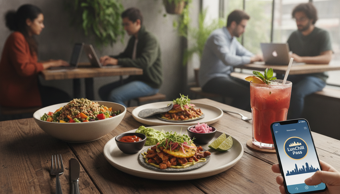 Create a stunning, professional hero image for a blog post titled "La Guía del Almuerzo 'Fine Casual': Come con Calidad de Autor Todos los Días sin Salirte de tu Presupuesto". Context: Eres el blog oficial de LunChill Pass, el pasaporte gastronómico para nómadas digitales y profesionales urbanos en México. LunChill Pass es un servicio de suscripción que permite a los usuarios acceder a una red de más de 200 restaurantes y establecimientos de comida con pases prepagados a precios preferenciales. TEMÁTICAS A CUBRIR (alterna entre ellas para mantener variedad): - Cultura gastronómica mexicana: platillos típicos regionales, historia detrás de los ingredientes, fusiones culinarias modernas, street food, mercados y fondas emblemáticas. - Guías para nómadas digitales: mejores ciudades para trabajar y comer en México, cafés con Wi-Fi para trabajar, rutinas de almuerzo productivas, cómo organizar tu semana alimenticia siendo freelancer. - Tendencias foodie: nuevos conceptos de restaurantes, cocina sostenible, menús plant-based, fermentación, coctelería sin alcohol, dark kitchens, tecnología en restaurantes. - Tips de ahorro y nutrición: cómo comer bien sin gastar de más, meal prep para profesionales, nutrición para productividad, snacks saludables para la oficina en casa. - Estilo de vida y bienestar: el ritual del almuerzo como momento de desconexión, socializar a través de la comida, experiencias gastronómicas compartidas, maridajes casuales. - Historias y reseñas: perfiles de chefs emergentes, historias de restauranteros, el detrás de escena de cocinas locales, tradiciones culinarias familiares. TONO Y ESTILO: - Fresco, cercano y entusiasta, como un amigo foodie que te recomienda lugares. - Informativo pero entretenido, nunca aburrido ni corporativo. - Usa expresiones coloquiales mexicanas de forma natural (sin exagerar). - Incluye datos curiosos, cifras relevantes y consejos prácticos. - Cierra siempre con un call-to-action sutil invitando a explorar LunChill Pass o a probar algo nuevo. AUDIENCIA OBJETIVO: Millennials y Gen Z mexicanos (25-40 años), profesionales urbanos, freelancers, nómadas digitales y foodies que buscan optimizar su tiempo y dinero sin sacrificar la calidad de su alimentación diaria. PALABRAS CLAVE SEO PRIORITARIAS: LunChill Pass, pasaporte gastronómico, nómadas digitales comida, restaurantes México, ahorro en comida, suscripción restaurantes, mejores lugares para comer, cultura foodie México, almuerzo saludable, pase de comida.. The image should be eye-catching, modern, and relevant to the topic. Use vibrant colors and professional composition. Photorealistic style.