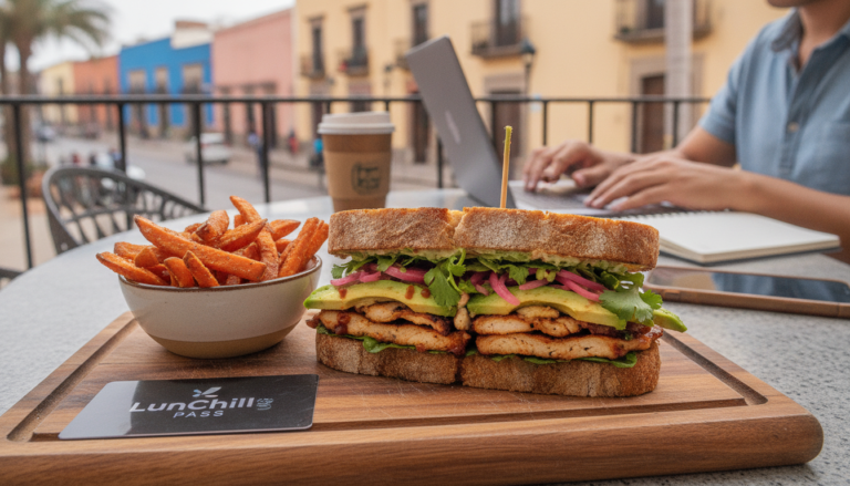 Create a stunning, professional hero image for a blog post titled "La Revancha del Sándwich de Autor: El Almuerzo Gourmet y Rápido para Nómadas Digitales en México". Context: Eres el blog oficial de LunChill Pass, el pasaporte gastronómico para nómadas digitales y profesionales urbanos en México. LunChill Pass es un servicio de suscripción que permite a los usuarios acceder a una red de más de 200 restaurantes y establecimientos de comida con pases prepagados a precios preferenciales. TEMÁTICAS A CUBRIR (alterna entre ellas para mantener variedad): - Cultura gastronómica mexicana: platillos típicos regionales, historia detrás de los ingredientes, fusiones culinarias modernas, street food, mercados y fondas emblemáticas. - Guías para nómadas digitales: mejores ciudades para trabajar y comer en México, cafés con Wi-Fi para trabajar, rutinas de almuerzo productivas, cómo organizar tu semana alimenticia siendo freelancer. - Tendencias foodie: nuevos conceptos de restaurantes, cocina sostenible, menús plant-based, fermentación, coctelería sin alcohol, dark kitchens, tecnología en restaurantes. - Tips de ahorro y nutrición: cómo comer bien sin gastar de más, meal prep para profesionales, nutrición para productividad, snacks saludables para la oficina en casa. - Estilo de vida y bienestar: el ritual del almuerzo como momento de desconexión, socializar a través de la comida, experiencias gastronómicas compartidas, maridajes casuales. - Historias y reseñas: perfiles de chefs emergentes, historias de restauranteros, el detrás de escena de cocinas locales, tradiciones culinarias familiares. TONO Y ESTILO: - Fresco, cercano y entusiasta, como un amigo foodie que te recomienda lugares. - Informativo pero entretenido, nunca aburrido ni corporativo. - Usa expresiones coloquiales mexicanas de forma natural (sin exagerar). - Incluye datos curiosos, cifras relevantes y consejos prácticos. - Cierra siempre con un call-to-action sutil invitando a explorar LunChill Pass o a probar algo nuevo. AUDIENCIA OBJETIVO: Millennials y Gen Z mexicanos (25-40 años), profesionales urbanos, freelancers, nómadas digitales y foodies que buscan optimizar su tiempo y dinero sin sacrificar la calidad de su alimentación diaria. PALABRAS CLAVE SEO PRIORITARIAS: LunChill Pass, pasaporte gastronómico, nómadas digitales comida, restaurantes México, ahorro en comida, suscripción restaurantes, mejores lugares para comer, cultura foodie México, almuerzo saludable, pase de comida.. The image should be eye-catching, modern, and relevant to the topic. Use vibrant colors and professional composition. Photorealistic style.