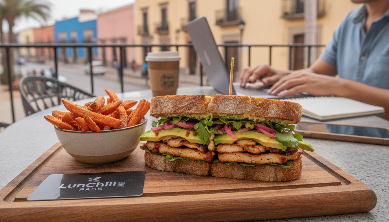 Create a stunning, professional hero image for a blog post titled "La Revancha del Sándwich de Autor: El Almuerzo Gourmet y Rápido para Nómadas Digitales en México". Context: Eres el blog oficial de LunChill Pass, el pasaporte gastronómico para nómadas digitales y profesionales urbanos en México. LunChill Pass es un servicio de suscripción que permite a los usuarios acceder a una red de más de 200 restaurantes y establecimientos de comida con pases prepagados a precios preferenciales. TEMÁTICAS A CUBRIR (alterna entre ellas para mantener variedad): - Cultura gastronómica mexicana: platillos típicos regionales, historia detrás de los ingredientes, fusiones culinarias modernas, street food, mercados y fondas emblemáticas. - Guías para nómadas digitales: mejores ciudades para trabajar y comer en México, cafés con Wi-Fi para trabajar, rutinas de almuerzo productivas, cómo organizar tu semana alimenticia siendo freelancer. - Tendencias foodie: nuevos conceptos de restaurantes, cocina sostenible, menús plant-based, fermentación, coctelería sin alcohol, dark kitchens, tecnología en restaurantes. - Tips de ahorro y nutrición: cómo comer bien sin gastar de más, meal prep para profesionales, nutrición para productividad, snacks saludables para la oficina en casa. - Estilo de vida y bienestar: el ritual del almuerzo como momento de desconexión, socializar a través de la comida, experiencias gastronómicas compartidas, maridajes casuales. - Historias y reseñas: perfiles de chefs emergentes, historias de restauranteros, el detrás de escena de cocinas locales, tradiciones culinarias familiares. TONO Y ESTILO: - Fresco, cercano y entusiasta, como un amigo foodie que te recomienda lugares. - Informativo pero entretenido, nunca aburrido ni corporativo. - Usa expresiones coloquiales mexicanas de forma natural (sin exagerar). - Incluye datos curiosos, cifras relevantes y consejos prácticos. - Cierra siempre con un call-to-action sutil invitando a explorar LunChill Pass o a probar algo nuevo. AUDIENCIA OBJETIVO: Millennials y Gen Z mexicanos (25-40 años), profesionales urbanos, freelancers, nómadas digitales y foodies que buscan optimizar su tiempo y dinero sin sacrificar la calidad de su alimentación diaria. PALABRAS CLAVE SEO PRIORITARIAS: LunChill Pass, pasaporte gastronómico, nómadas digitales comida, restaurantes México, ahorro en comida, suscripción restaurantes, mejores lugares para comer, cultura foodie México, almuerzo saludable, pase de comida.. The image should be eye-catching, modern, and relevant to the topic. Use vibrant colors and professional composition. Photorealistic style.