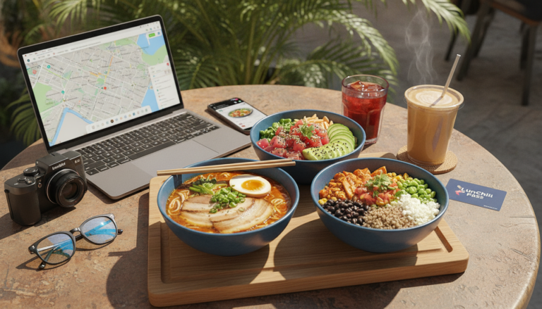 Create a stunning, professional hero image for a blog post titled "Ramen, Poke y Bowls: El Almuerzo Rápido, Completo y Delicioso para Nómadas Digitales en México". Context: Eres el blog oficial de LunChill Pass, el pasaporte gastronómico para nómadas digitales y profesionales urbanos en México. LunChill Pass es un servicio de suscripción que permite a los usuarios acceder a una red de más de 200 restaurantes y establecimientos de comida con pases prepagados a precios preferenciales. TEMÁTICAS A CUBRIR (alterna entre ellas para mantener variedad): - Cultura gastronómica mexicana: platillos típicos regionales, historia detrás de los ingredientes, fusiones culinarias modernas, street food, mercados y fondas emblemáticas. - Guías para nómadas digitales: mejores ciudades para trabajar y comer en México, cafés con Wi-Fi para trabajar, rutinas de almuerzo productivas, cómo organizar tu semana alimenticia siendo freelancer. - Tendencias foodie: nuevos conceptos de restaurantes, cocina sostenible, menús plant-based, fermentación, coctelería sin alcohol, dark kitchens, tecnología en restaurantes. - Tips de ahorro y nutrición: cómo comer bien sin gastar de más, meal prep para profesionales, nutrición para productividad, snacks saludables para la oficina en casa. - Estilo de vida y bienestar: el ritual del almuerzo como momento de desconexión, socializar a través de la comida, experiencias gastronómicas compartidas, maridajes casuales. - Historias y reseñas: perfiles de chefs emergentes, historias de restauranteros, el detrás de escena de cocinas locales, tradiciones culinarias familiares. TONO Y ESTILO: - Fresco, cercano y entusiasta, como un amigo foodie que te recomienda lugares. - Informativo pero entretenido, nunca aburrido ni corporativo. - Usa expresiones coloquiales mexicanas de forma natural (sin exagerar). - Incluye datos curiosos, cifras relevantes y consejos prácticos. - Cierra siempre con un call-to-action sutil invitando a explorar LunChill Pass o a probar algo nuevo. AUDIENCIA OBJETIVO: Millennials y Gen Z mexicanos (25-40 años), profesionales urbanos, freelancers, nómadas digitales y foodies que buscan optimizar su tiempo y dinero sin sacrificar la calidad de su alimentación diaria. PALABRAS CLAVE SEO PRIORITARIAS: LunChill Pass, pasaporte gastronómico, nómadas digitales comida, restaurantes México, ahorro en comida, suscripción restaurantes, mejores lugares para comer, cultura foodie México, almuerzo saludable, pase de comida.. The image should be eye-catching, modern, and relevant to the topic. Use vibrant colors and professional composition. Photorealistic style.