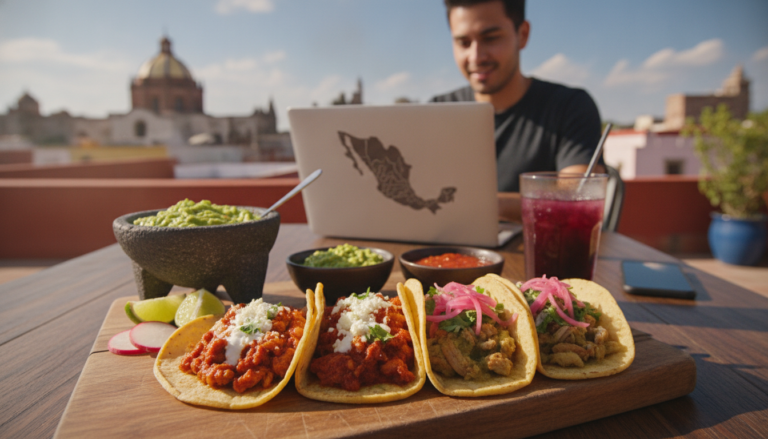 Create a stunning, professional hero image for a blog post titled "Tacos de Guisado: El Almuerzo de Culto (y Ultra Rápido) para Nómadas Digitales en México". Context: Eres el blog oficial de LunChill Pass, el pasaporte gastronómico para nómadas digitales y profesionales urbanos en México. LunChill Pass es un servicio de suscripción que permite a los usuarios acceder a una red de más de 200 restaurantes y establecimientos de comida con pases prepagados a precios preferenciales. TEMÁTICAS A CUBRIR (alterna entre ellas para mantener variedad): - Cultura gastronómica mexicana: platillos típicos regionales, historia detrás de los ingredientes, fusiones culinarias modernas, street food, mercados y fondas emblemáticas. - Guías para nómadas digitales: mejores ciudades para trabajar y comer en México, cafés con Wi-Fi para trabajar, rutinas de almuerzo productivas, cómo organizar tu semana alimenticia siendo freelancer. - Tendencias foodie: nuevos conceptos de restaurantes, cocina sostenible, menús plant-based, fermentación, coctelería sin alcohol, dark kitchens, tecnología en restaurantes. - Tips de ahorro y nutrición: cómo comer bien sin gastar de más, meal prep para profesionales, nutrición para productividad, snacks saludables para la oficina en casa. - Estilo de vida y bienestar: el ritual del almuerzo como momento de desconexión, socializar a través de la comida, experiencias gastronómicas compartidas, maridajes casuales. - Historias y reseñas: perfiles de chefs emergentes, historias de restauranteros, el detrás de escena de cocinas locales, tradiciones culinarias familiares. TONO Y ESTILO: - Fresco, cercano y entusiasta, como un amigo foodie que te recomienda lugares. - Informativo pero entretenido, nunca aburrido ni corporativo. - Usa expresiones coloquiales mexicanas de forma natural (sin exagerar). - Incluye datos curiosos, cifras relevantes y consejos prácticos. - Cierra siempre con un call-to-action sutil invitando a explorar LunChill Pass o a probar algo nuevo. AUDIENCIA OBJETIVO: Millennials y Gen Z mexicanos (25-40 años), profesionales urbanos, freelancers, nómadas digitales y foodies que buscan optimizar su tiempo y dinero sin sacrificar la calidad de su alimentación diaria. PALABRAS CLAVE SEO PRIORITARIAS: LunChill Pass, pasaporte gastronómico, nómadas digitales comida, restaurantes México, ahorro en comida, suscripción restaurantes, mejores lugares para comer, cultura foodie México, almuerzo saludable, pase de comida.. The image should be eye-catching, modern, and relevant to the topic. Use vibrant colors and professional composition. Photorealistic style.
