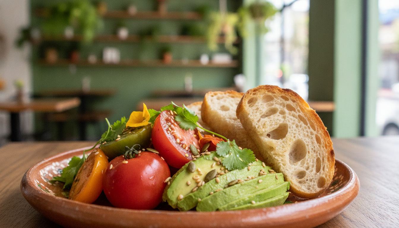 Close-up of a sustainable farm-to-table lunch dish in Mexico, featuring vibrant local ingredients, heirloom tomatoes, fresh avocado, artisanal sourdough bread on a rustic ceramic plate, soft focus background of a trendy green cafe, food photography style