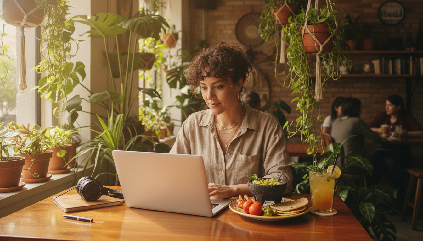 A creative digital nomad working on a laptop at a trendy, plant-filled cafe in Mexico City, with a delicious regional Mexican dish and a fresh drink next to the computer, cozy and productive atmosphere.