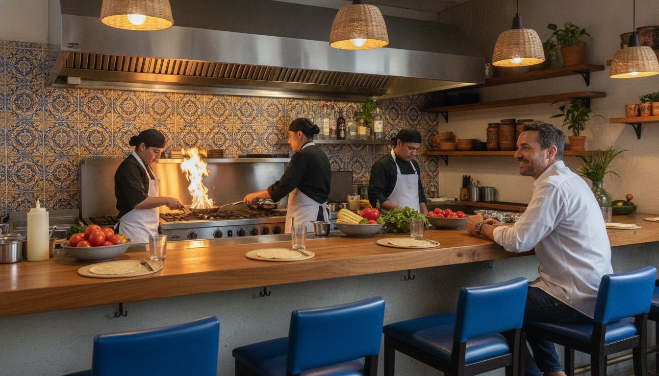 A stylish open kitchen bar in a trendy Mexico City restaurant, a single customer enjoying their meal and watching the chefs cook, vibrant colors, warm inviting atmosphere, professional photography