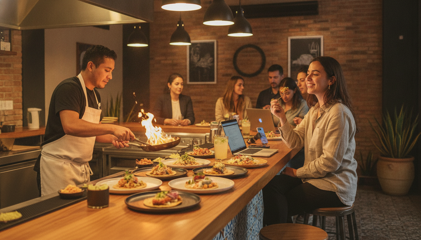 A vibrant gastronomic bar in Mexico City, a chef preparing fresh contemporary Mexican dishes behind the counter, a young digital nomad smiling while enjoying their lunch on a high stool, cinematic lighting, shallow depth of field, professional food photography style
