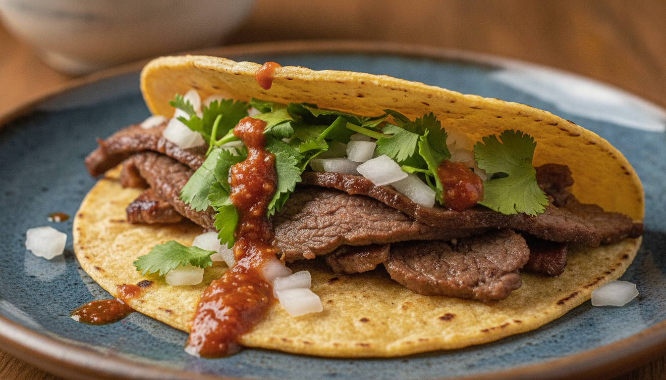 Close-up shot of a gourmet taco featuring Korean beef bulgogi topped with fresh cilantro, white onions, and a spicy gochujang-infused salsa, served on a handmade corn tortilla, shallow depth of field, professional food photography.