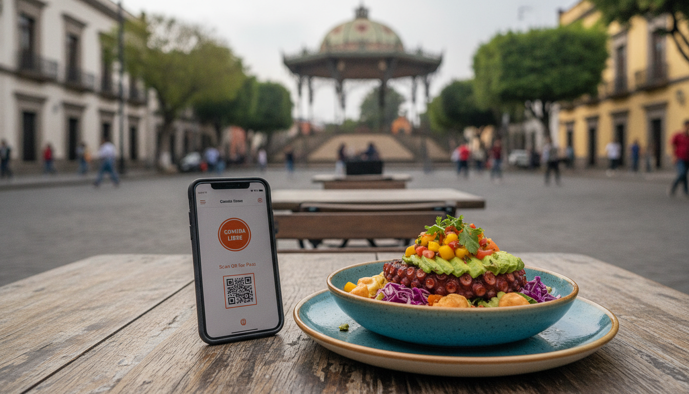 A street view of Santa Maria la Ribera in Mexico City with the Kiosko Morisco blurred in the background. In the foreground, an outdoor restaurant table with a colorful Mexican-fusion lunch dish and a smartphone displaying a food pass app.