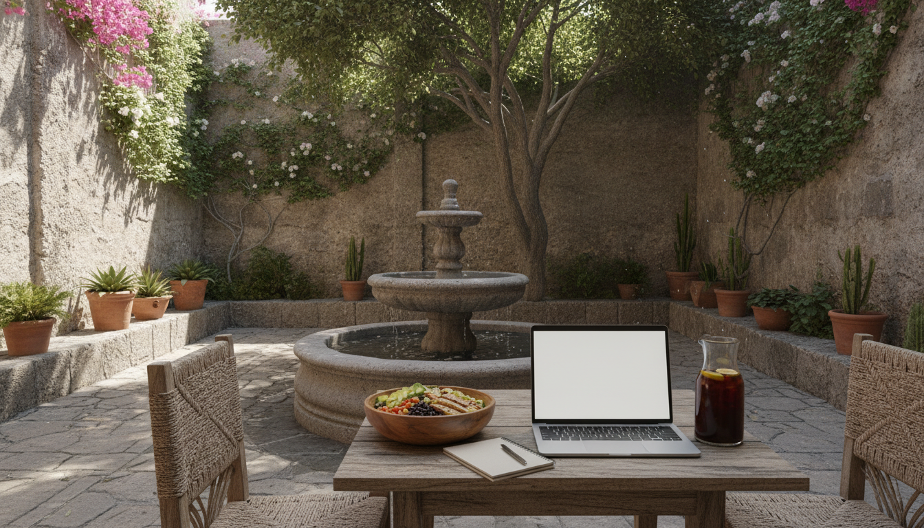 A quiet colonial-style inner patio in Mexico with stone walls, a small bubbling stone fountain, and a wooden table set with a fresh healthy lunch, a cold brew coffee, and a laptop open, soft natural light filtering through trees.