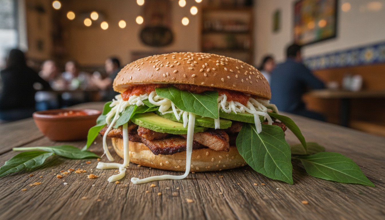 A close-up of a gourmet cemita poblana on a rustic wooden table, with fresh ingredients spilling out like quesillo, avocado, and papalo, in a trendy Puebla bistro setting, shallow depth of field, vibrant colors, food photography.