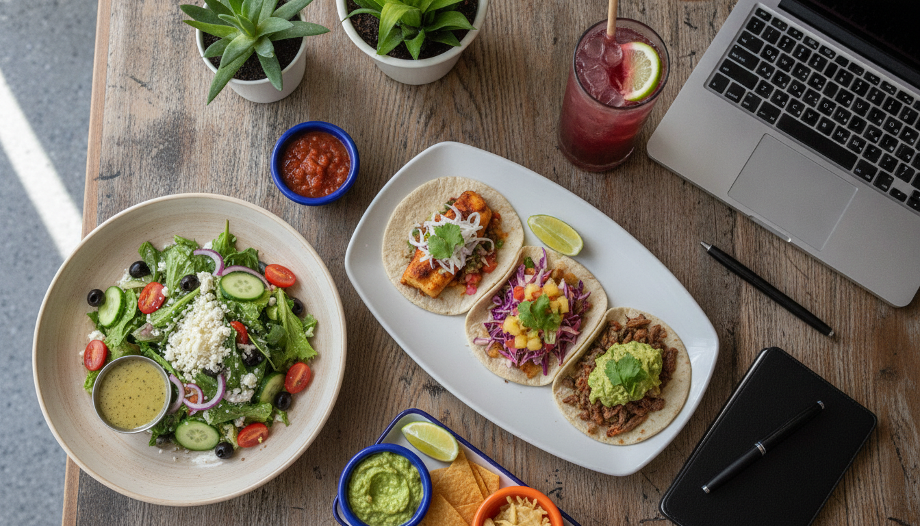 Flat lay overhead shot of a diverse, colorful table spread of high-quality lunch options in a trendy Mexican bistro: a plate of gourmet street tacos, a fresh Mediterranean salad, a craft beverage, and a small laptop open nearby. Bright, natural daylight, professional food photography style.