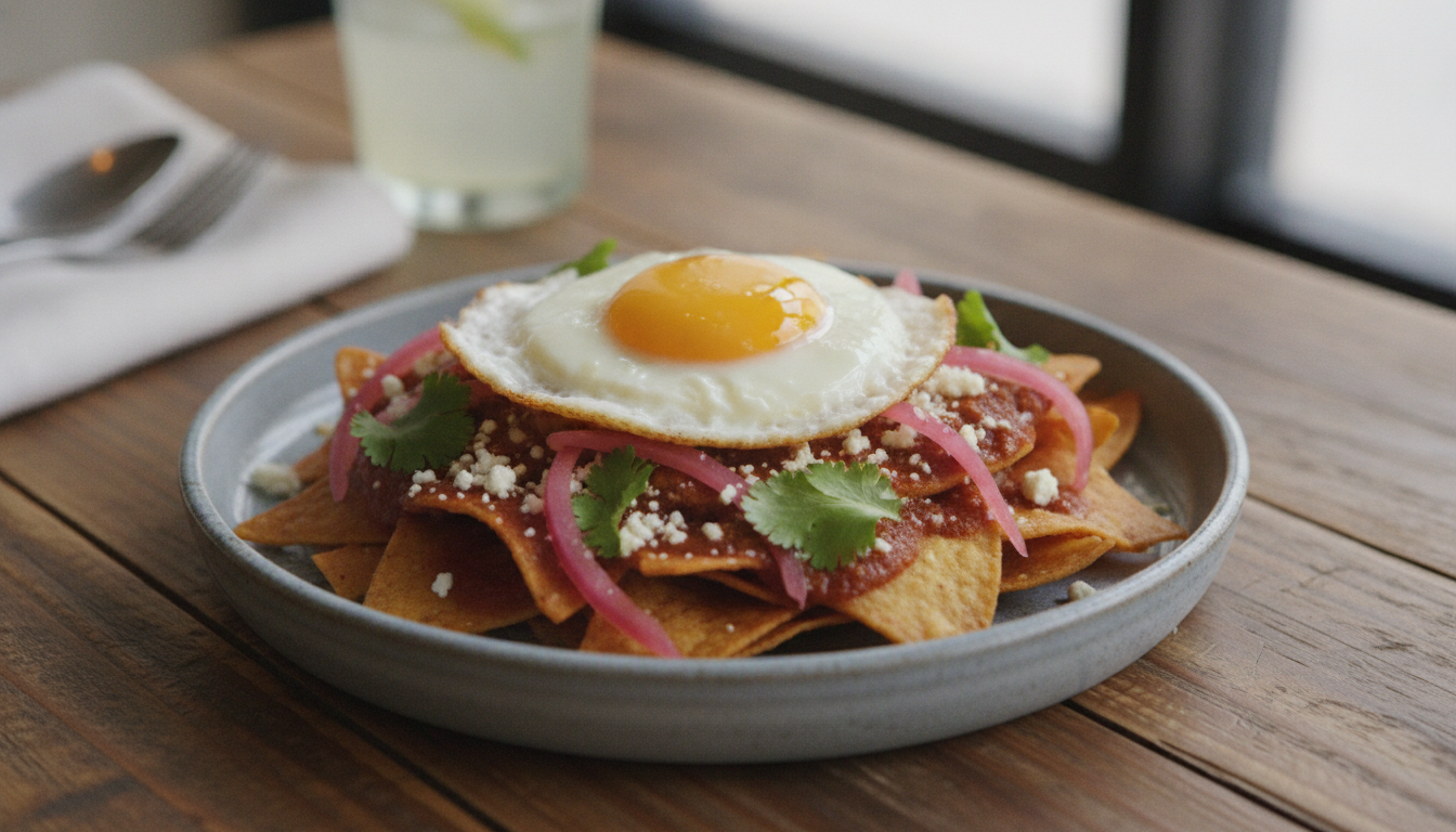 Close-up of a contemporary Mexican brunch dish: gourmet chilaquiles with pickled red onions, fresh cilantro, crumbled cotija cheese, and a perfectly cooked sunny-side-up egg on top. Stylish ceramic plate, rustic wooden table background, soft depth of field.