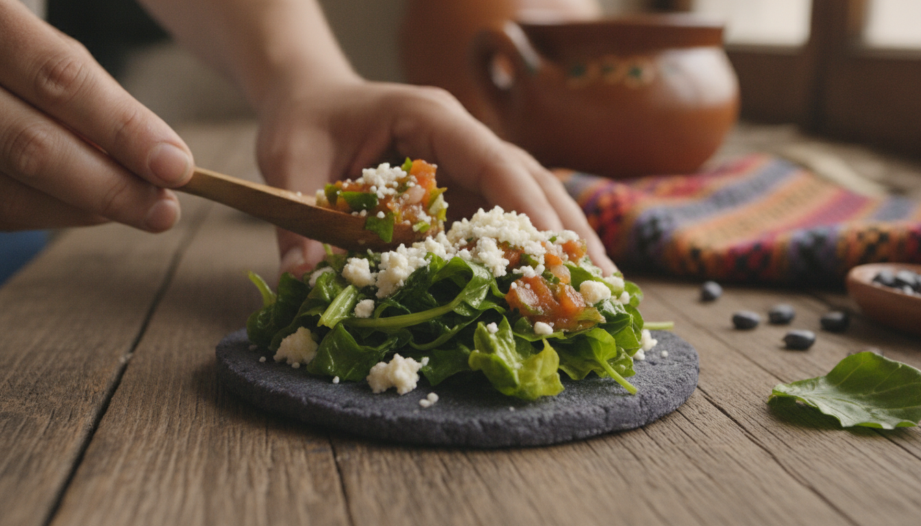 Close up of hands preparing a traditional Mexican tlacoyo made of blue corn, topped with vibrant green quelites, crumbled fresh cheese, and salsa, rustic aesthetic, warm tones.